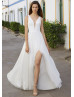 Ivory Satin Chiffon High Slit Sexy Beach Wedding Dress